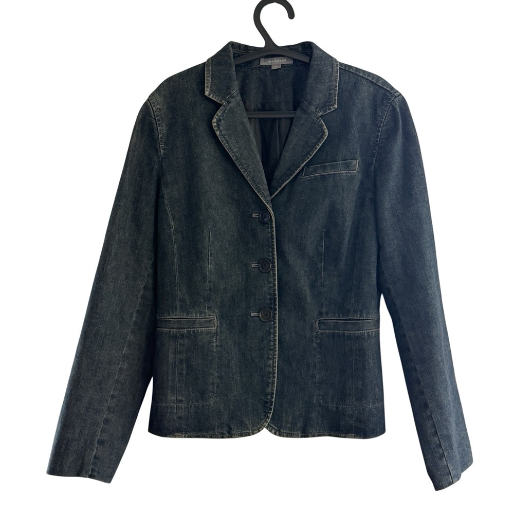Ann Taylor Dark Wash Denim Blazer Jacket Navy Blue Sz 10 Classic Tailored Office